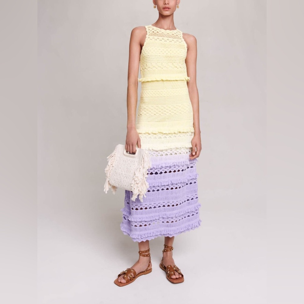 Maje Yellow and Lavender Crochet-knit maxi dress
